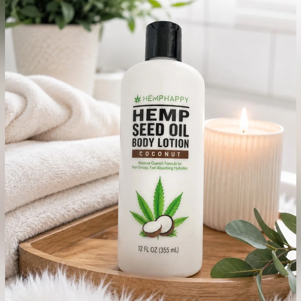 Hemphappy Hemp Seed Oil Body Lotion Coconut 12 fl oz Moisturizing Fast Absorbing